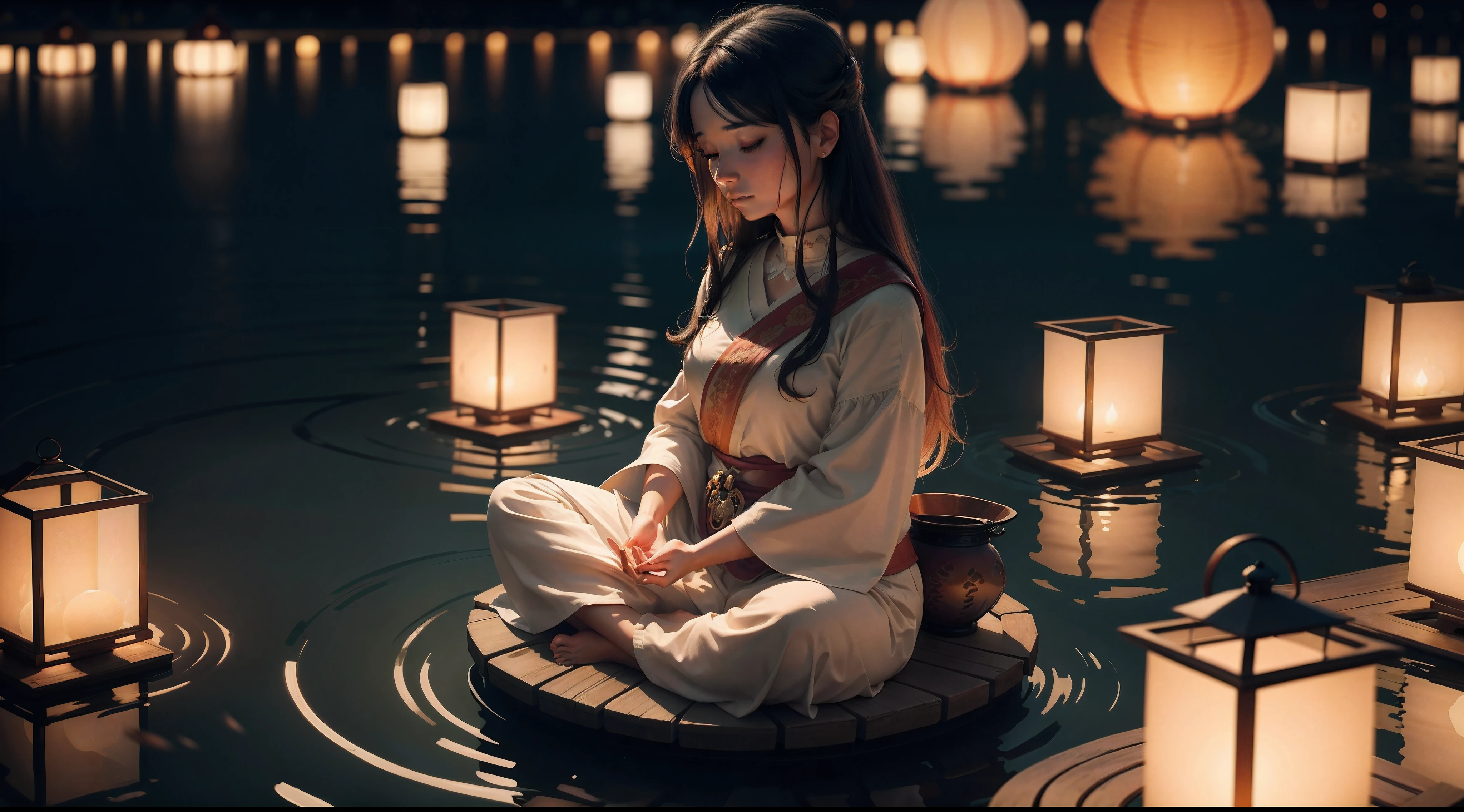 A woman meditating serenely while floating lanterns on a lake at dusk