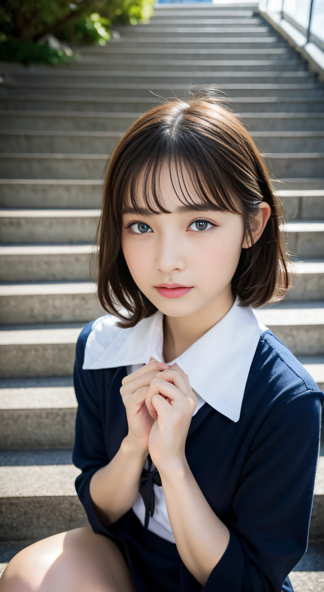 (32k,high detal,high-detail、masterpiece,Attention to detail,full body Esbian,独奏:1.6),Raw photo & realistic atmosphere,beautiful dark blue eyes,Detailed mouth,Glossy lips,Detailed eyebrows,Soft white skin that shines with every detail,Eyes drawn in detail、azure eyes,Very beautiful eyes,Detailed lips、Very beautiful face,Very well-formed face、Lifelike face,shiny beautiful lips, Realistic Young Gravure Idol, very beautiful school girl, ,Moderately beautiful, Young Sensual Gravure Idol, Young Gravure Idol, Beautiful, Cute and sexy16 year old schoolgirl,Wet,with a flushed face,Incredibly beautiful1Girls aged 6,short-cut,Curly hair,Brown shiny hair,(Climb the stairs of the station,Climb the stairs with, You can see your panties on camera,Beautiful 16 year old schoolgirl,Lace red panties visible:1.7),(Loosely dressed black schoolgirl uniform:1.6),(Sexy body,well-shaped breasts, I'm anxious and about to cry,Moist eyes:1.5),(Pay attention to the buttocks and thighs on the back,Close up from below,Climbing stairs with your camera,taken from the under,Holding the skirt with your hands,Visible.,Climb the stairs with an eye on the future:1.8)