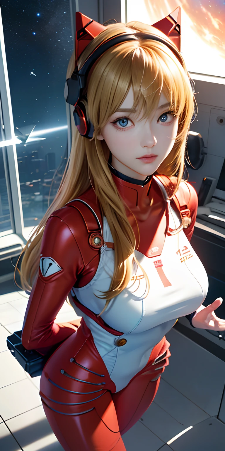 (Overhead view),dynamic angle,ultra-detailed, illustration, close-up, straight on, 1girl, 
 ((souryuu asuka langley, interface headset, red bodysuit:1.4, blonde)),Her eyes shone like dreamy stars,(glowing eyes:1.233),(beautiful and detailed eyes:1.1),(expressionless,closed mouth),(standing), 
(mechanic room with toolsand spaceship windowin a white SPACESHIP),
(night:1.2),dreamy, [[delicate fingers and hands:0.55]::0.85],(detail fingers),