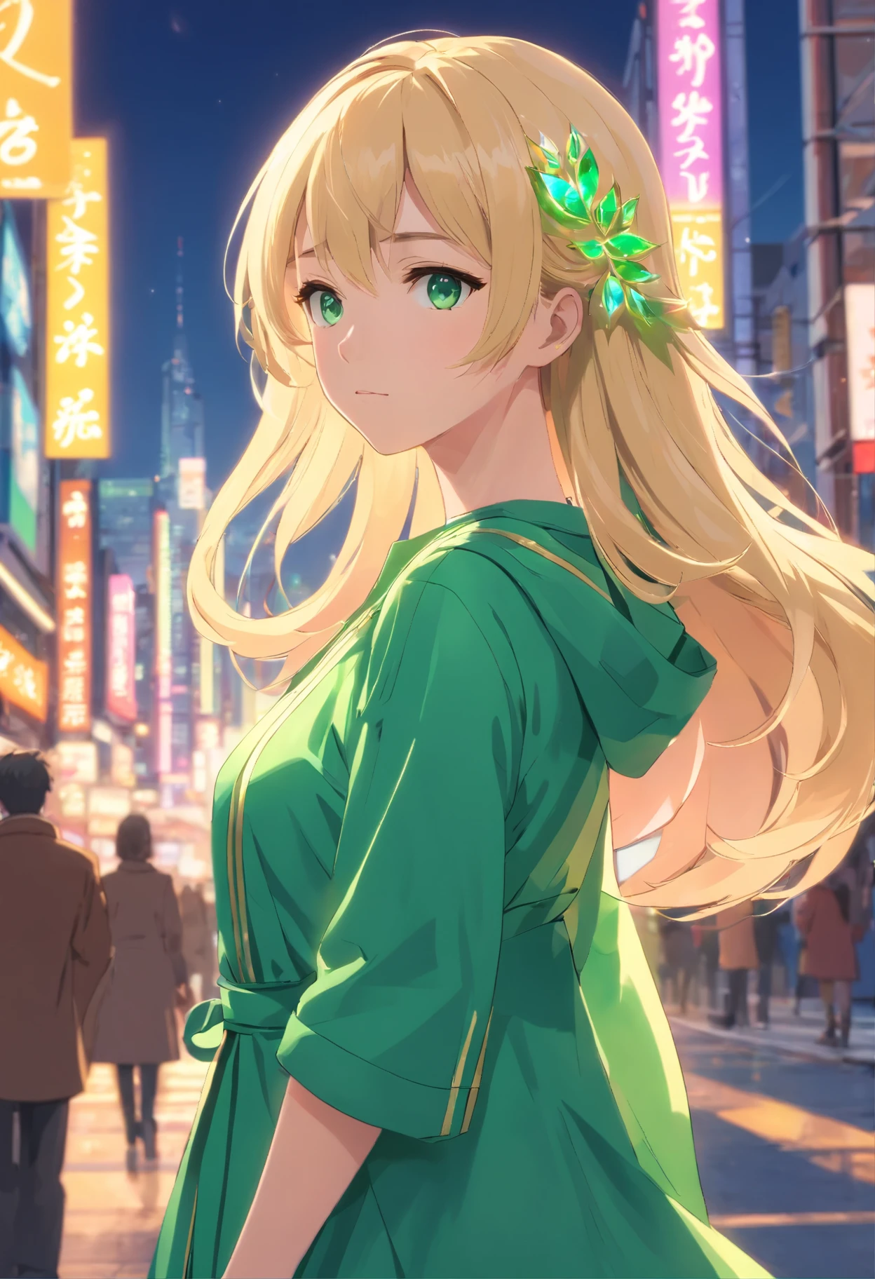 (tmasterpiece、top-quality、top-quality、offcial art、Slightly detailed、aestheticly pleasing:1.2)、(1girl in)、(Fractal art:1.3)、Very long straight hair、Platinum blonde hair shiny hair color colorful、Big green crystal eyes, Close-up Shot Shot, Face shot, looking toward the viewer, Determined faces, Meaningful expressions, wearing dresses、Coat, anime big breast, Gorgeous and colorful lighting details、The light from the back window is backlighted, intuitive、Sharp、Precise focus、Insta photo、photo of the year、cinema4d、Dramatic、