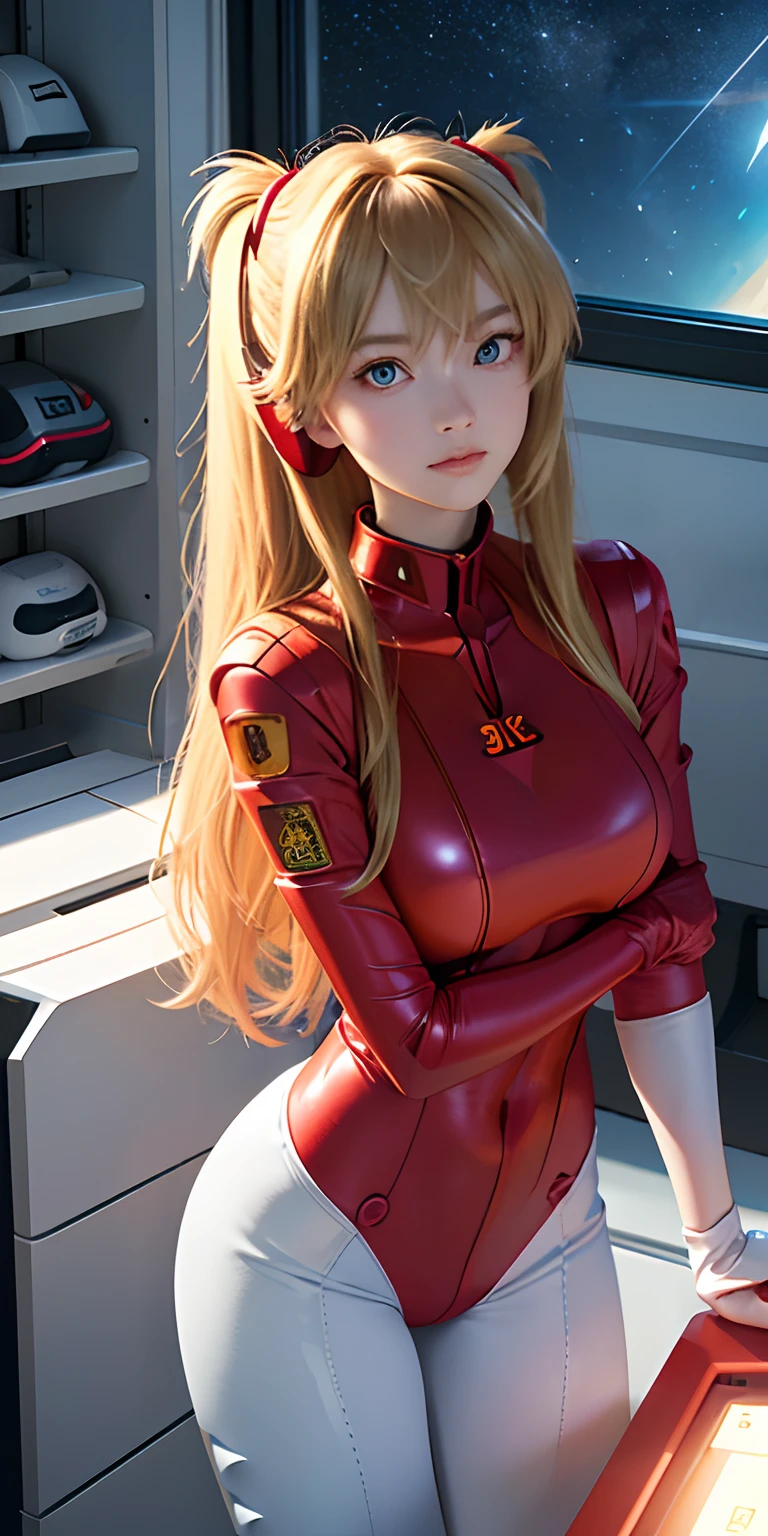 (Overhead view),dynamic angle,ultra-detailed, illustration, close-up, straight on, 1girl, 
 ((souryuu asuka langley, interface headset, red bodysuit:1.4, blonde)),Her eyes shone like dreamy stars,(glowing eyes:1.233),(beautiful and detailed eyes:1.1),(expressionless,closed mouth),(standing), 
(mechanic room with toolsand spaceship windowin a white SPACESHIP),
(night:1.2),dreamy, [[delicate fingers and hands:0.55]::0.85],(detail fingers),
