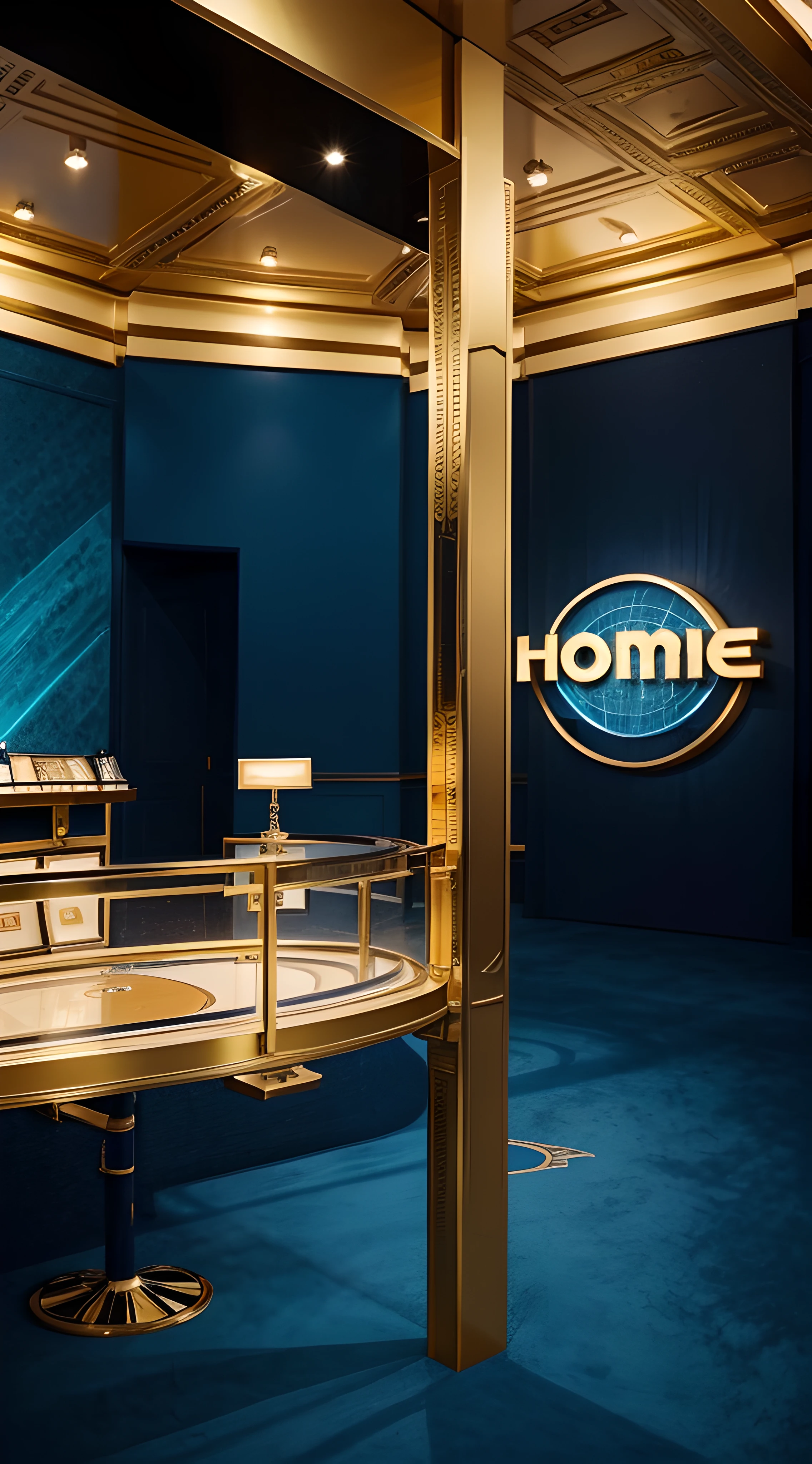 # Artistic Image prompt for a "Who Wants to Be a Millionaire"-Inspired Background
Design an artistic image that draws inspiration from the iconic TV show "Who Wants to Be a Millionaire," featuring a vivid color palette of blue and golden hues, reminiscent of the reference image provided. Incorporate distinctive elements from the show's set to create striking similarities. Utilize a 135mm+ lens to capture a medium shot that showcases the intricacies of the design. Infuse the scene with the classic blue and golden colors that capture the essence of the show, evoking a sense of grandeur and sophistication. This artwork should offer a perfect background for quiz-themed content, much like the reference image you've shared.