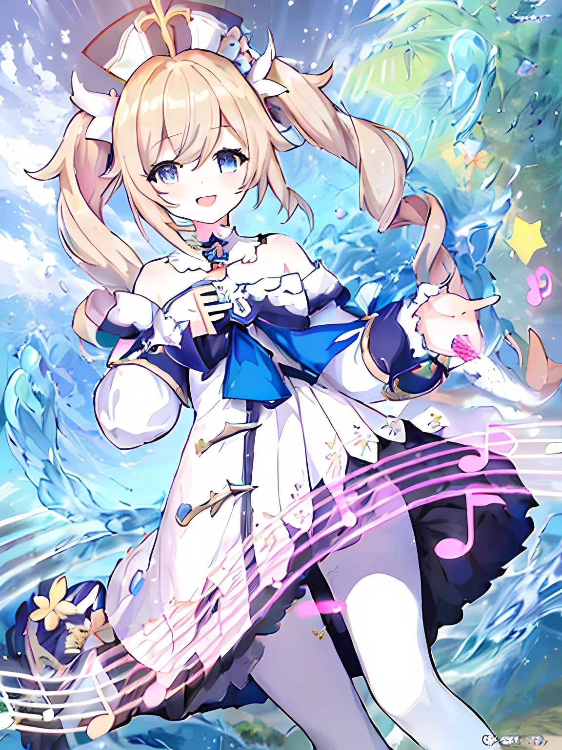 a close up of a person in a dress with musical notes, ayaka genshin impact, splash art anime ****, marisa kirisame, key anime art, ayaka game genshin impact, from the azur lane videogame, official artwork, detailed key anime art, high detailed official artwork, from bravely default ii, shadowverse style, official anime artwork