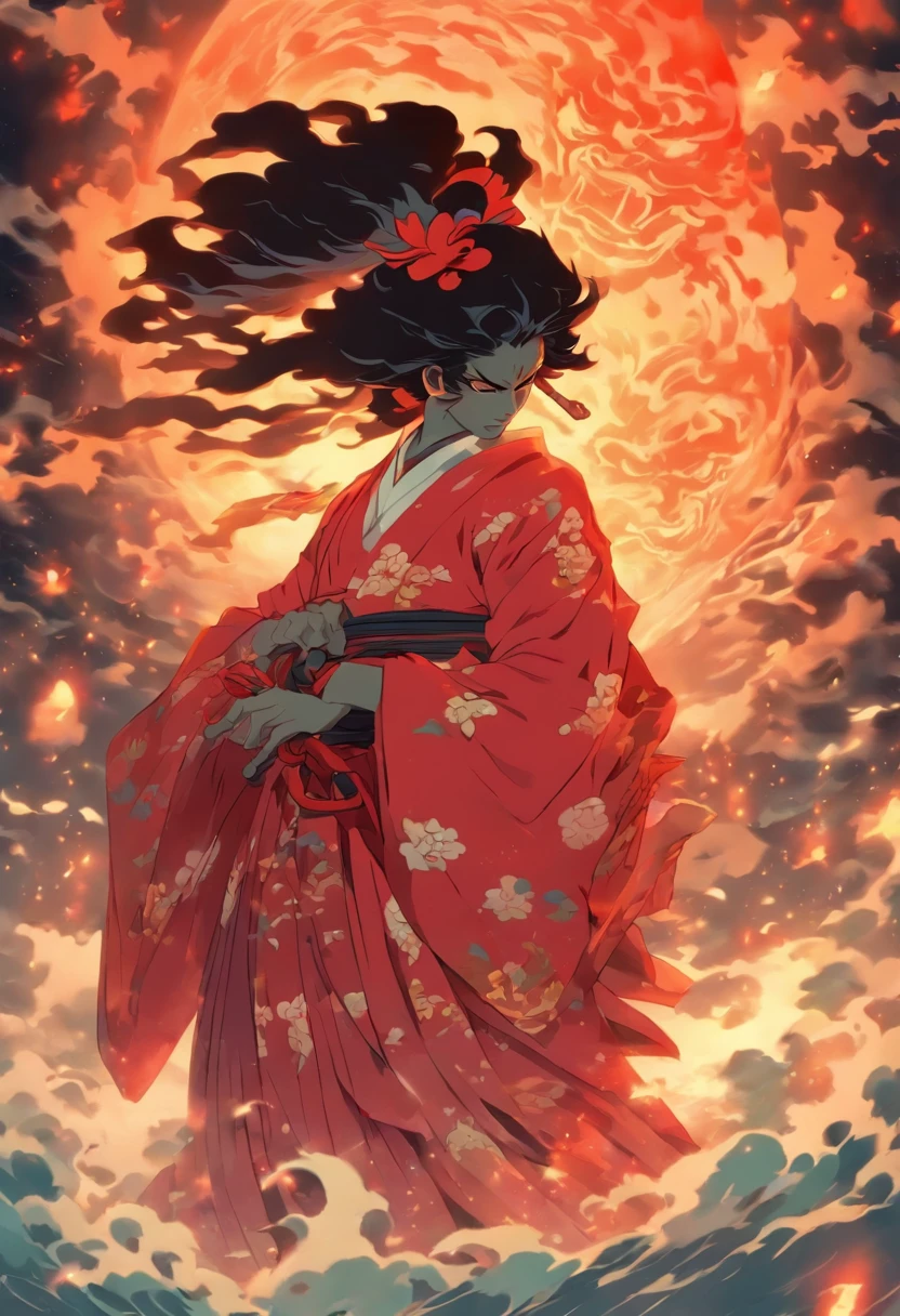Akuma no Onryo is a spectral and frightening figure who resembles a Japanese woman with long, black hair that falls over her face. your eyes are empty, And your skin is as pale as the moon. She's wrapped in a bloody kimono that seems to flutter in the wind, Though there's no real wind. in her hands, ela segura um odachi, A samurai sword with a razor-sharp blade that glows with a ghostly light.