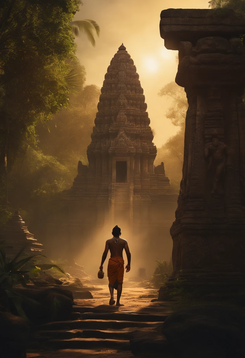 Wide view of a young Hindu man ((Mowgli)) walking with his back to a jungle with old ruins of ancient Khmer temples, statues of gods, Shiva, Ganesh, cinematic light, realistic, Frank Frazetta Style,