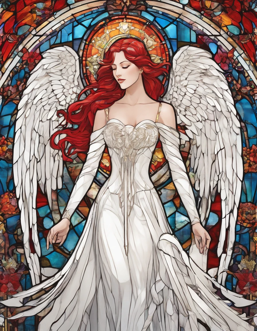 Singer in white half mask, Big Angel Wings, Long Red Dress, Innocence