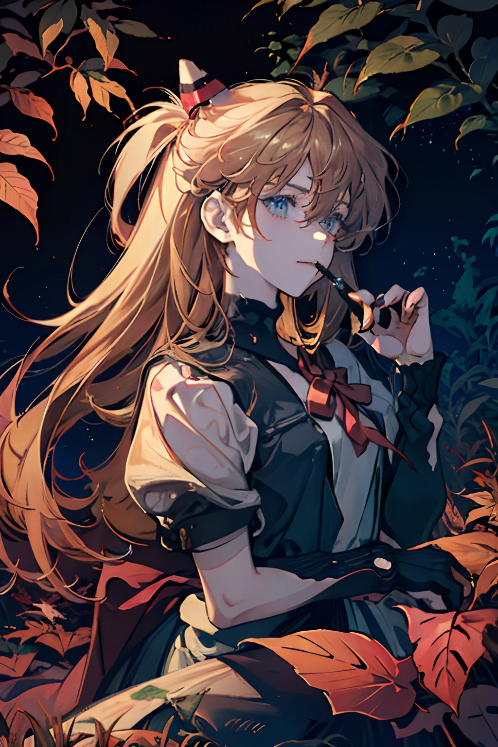 Official Art, Unity 8k Wallpapers, ultra-detailliert, Beautifully Aesthetic, masterpiece, top-quality, realisitic, a closeup, Skindentation, Soouryuu Asuka Langley, Interface headset, bodysuit under clothes, A detailed eye, A detailed face, Detailed hair, black backgrounds, straight-on, looking at the viewers, The sheen, Anime, looking at viewer with a cigarette in her mouth, highly detailed with reflections transparent iridescent opaque jacket, Long transparent iridescent RGB hair, 1girl in, Solo, fronds, School uniform, serafuku, Long hair, red neckerchief, Blurry, Sailor collar, neckerchief, Blonde hair, Shirt, Autumn leaves, Parted lips, Outdoors, Floating hair, Long sleeves, White shirt, Bangs, Upper body, red necktie, Open mouth, neck tie, tusk, Brown eyes, Wind, Autumn, Maple leaf, Falling leaves, Blurry background, day, ginkgo leaf, depth of fields, bug,