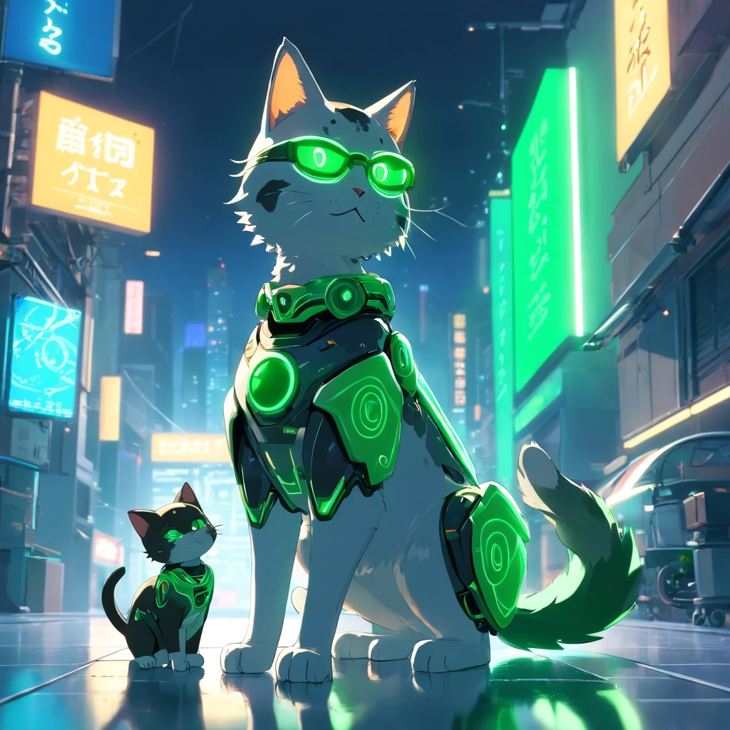 robotic cat, (Blind Box Toy Style:1.2), (FULL BODYSHOT) , green and black colors, 1 transparent girl,Behind him is a cute transparent robot cat, Mechanical Transparent, Exquisite helmet:1.2, Glasses:1.2, Cyberpunk, Dreamy glow, bright neon lights, ren, white background, ( globalillumination, Streak Trace, nffsw, Unreal Render,Reasonable design, high detal, Master Parts, Best Quality, Hyper Hi-Vision, Cinematic lighting)