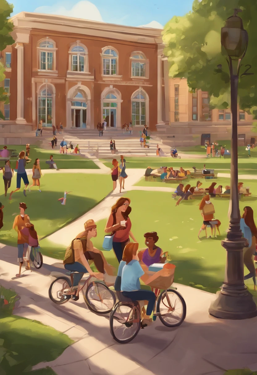 a bustling university campus, vibrant with student life, captured in a whimsical cartoon sketch. (best quality,physically-based rendering:1.2),ultra-detailed,playful,energetic,colorful,charming characters,animated expressions,animated poses,typical college scenes and activities,student interactions,happy faces,hanging out on the grassy quad,studying in the library,sitting in a lecture hall,participating in club activities,collaborating on group projects,attending a football game,grabbing coffee at the campus cafe,cycling between classes,exploring the campus,friendly atmosphere.