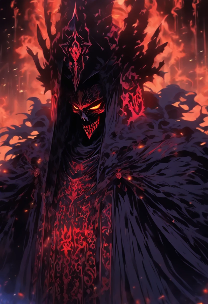 King Thanatos is a terrifying figure who personifies death itself. He's a skeletal being, alto e vestido com um manto sombrio que parece absorver a luz ao seu redor. His face is hidden by a golden mask and adorned with ancient runes, And your empty eyes shine with an ethereal light. He carries a black-boned scepter that exudes an icy and sinister aura.