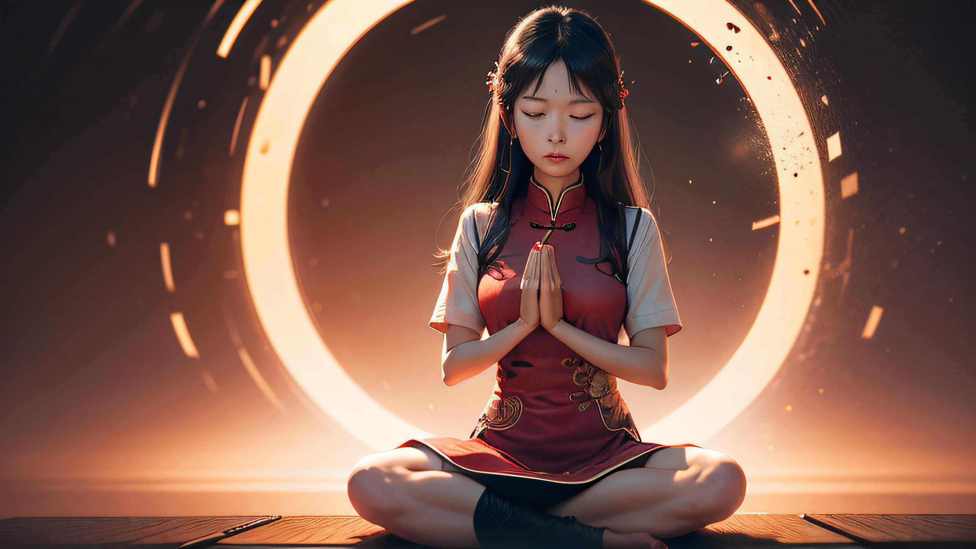 A woman sitting in a lotus position with her hands folded in prayer ...