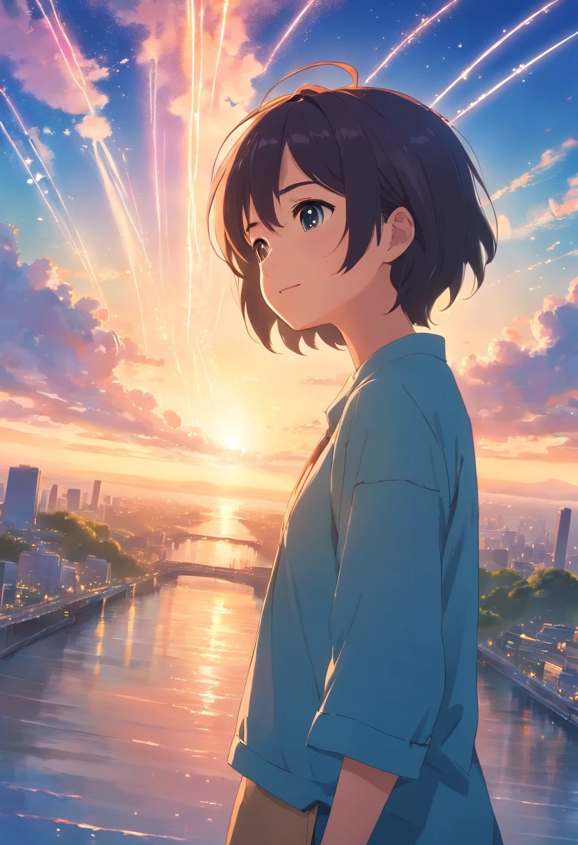 obra-prima, melhor qualidade, filme About time, 1man, garoto nuvem, floating into the sky, close-up, brilhante, feliz, Soft lighting and Warm, sun sunset, (Sparks: 0,7)
