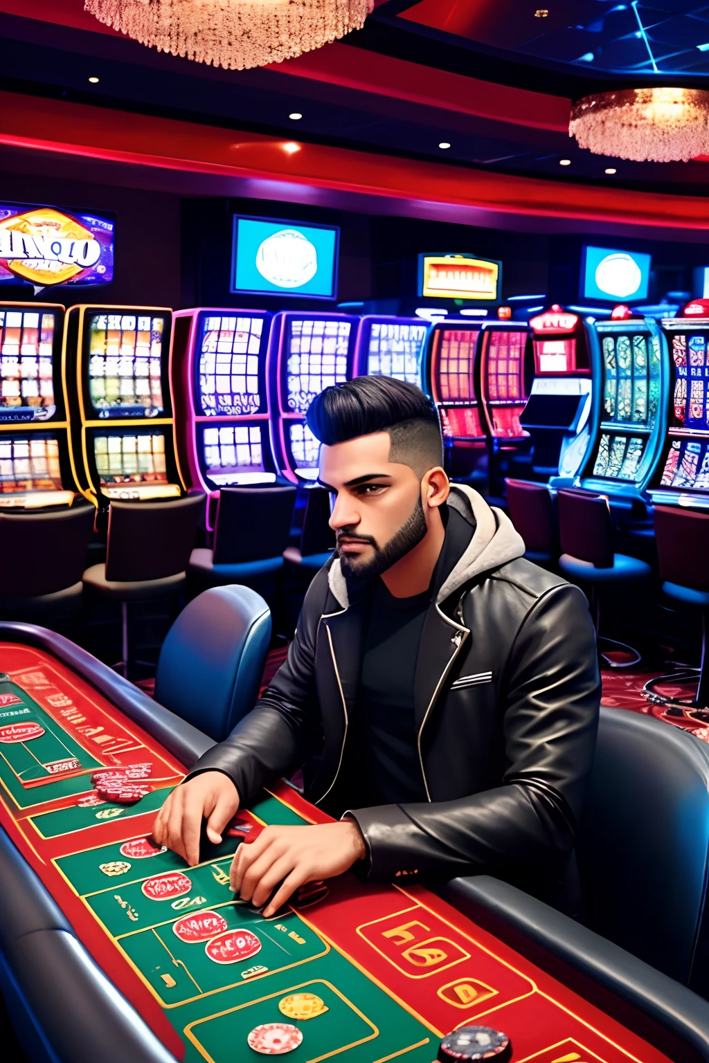 A imagem retrata um hacker de casinos em uma sala escura e furtiva. He's sitting in front of several computer monitors, displaying the surveillance cameras from the different corners of a luxury casino. O hacker usa um capuz preto, que sombreia seu rosto, and is dressed in all-black clothes, incluindo uma jaqueta de couro. Ele tem um olhar determinado e concentrado, enquanto digita freneticamente em um teclado. Ao redor dele, There are piles of cash and casino chips, evidencing your success in hacking into the casino's security system. The atmosphere of the image is one of tension and mystery, highlighting the hacker's skill and cunning, imagem Realista.