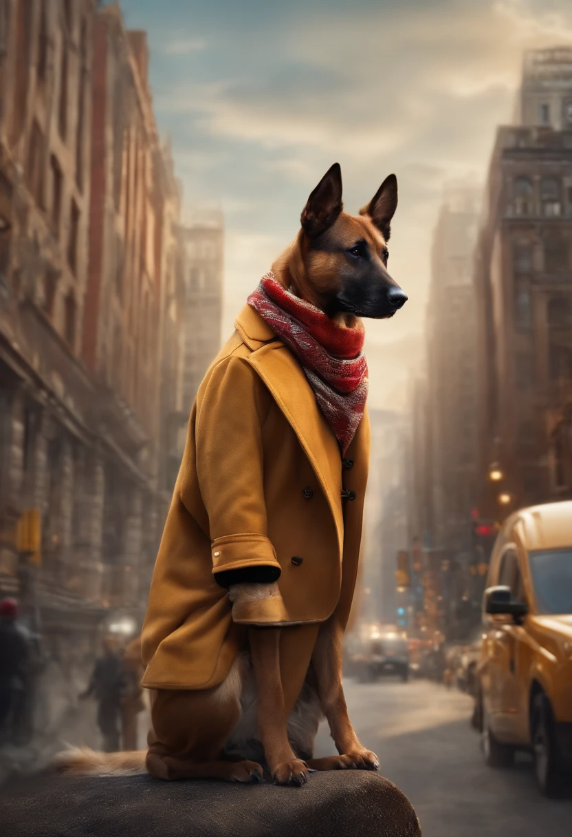 Photo of a loin in a hat and scarf,trends in the art station,Wear fashionable clothes,hyper realistic detailed rendering,Urban style,intimidating pose,Dog Planet,Fashionable outfit,urbansamurai,Doggy,Wearing a Workers' Cap,Stylish cityscap