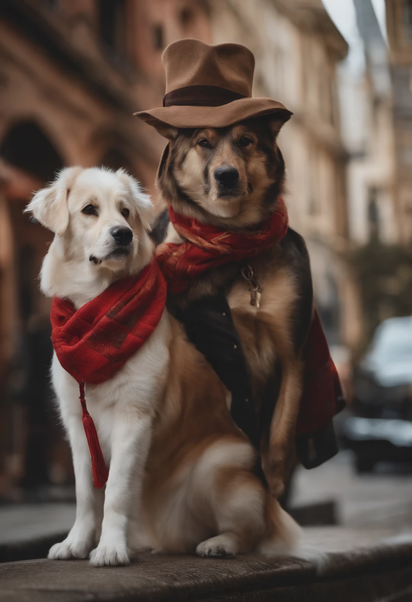 Photo of a loin in a hat and scarf，trends in the art station，Wear fashionable clothes，hyper realistic detailed rendering，Urban style，intimidating pose，Dog Planet，Fashionable outfit，urbansamurai，Doggy，Wearing a Workers' Cap，Stylish cityscap