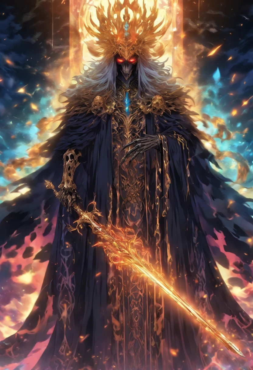 King Thanatos is a terrifying figure who personifies death itself. He's a skeletal being, alto e vestido com um manto sombrio que parece absorver a luz ao seu redor emanando rostos de almas sofredoras. His face is hidden by a golden mask and adorned with ancient runes, And your empty eyes shine with an ethereal light. He carries a black-boned scepter that exudes an icy and sinister aura.