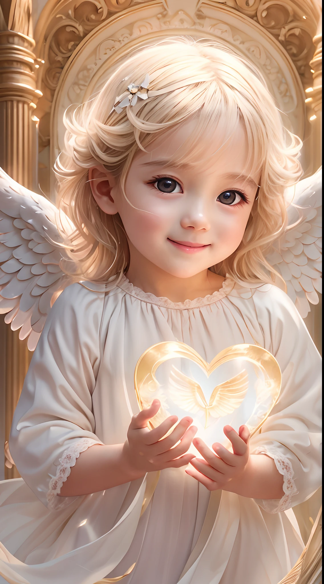 Blessings of Angels､Bright background、holding a heart、tenderness､A smile、Gentle､ Angel、facing front、Looking at the camera