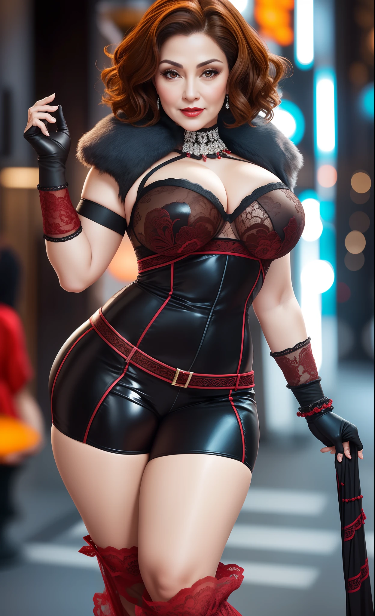 2 heads,Portrait of a 60-year-old woman with short brown hair, a captivating gaze, Brown eyes, Wrinkles on her face, She wears a very y black evening dress that reveals big flabby breight makeup and red lips. 32K