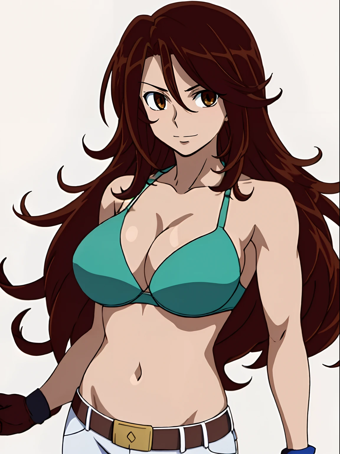 Flexing arm muscles, Karate stance, ((solo)), Best Quality, hires, curvy midsection, (tilt head, defined weak muscles, detailed muscles), smile, happy), upper body only, anime style: 1.8, anime drawing, ultra detailed face, ultra detailed body, 4k, Sumergai Lee Noriega, karate stance, best quality, anime style, hires, highest definition, digital blending, bold drawing lines, (((White Background))), ( (defined muscles), long attractive belly, slim body, ((strong arm muscles)), broad shoulders , off-shoulders, closed fists, (two bras, shorts, white gloves, , arm band, (champion belt))), (large breasts, defined cleavage, closed mouth, big bellybutton, shiny skin), (big eyes, brown eyes, shiny eyes), (reddish hair, loose hair, curly hair, wavy hair, long hair, floating hair)