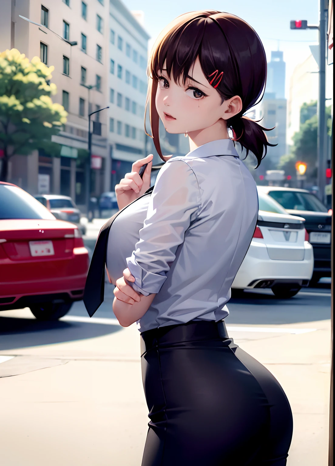 (8k, RAW photo, best quality, masterpiece:1.2),(realistic, photo-realistic:1.37), ((best quality)), ultra high res,extremely detailed CG unity 8k wallpaper, physically-based rendering,cinematic lighting,half body, (bokeh:1.4), (((1girl))), shapely, (slim waist),higashiyama kobeni,black hair,red hairpin,sweat,nervous,white shirt,black necktie,black pants,convenience store,butt to camera, showing back