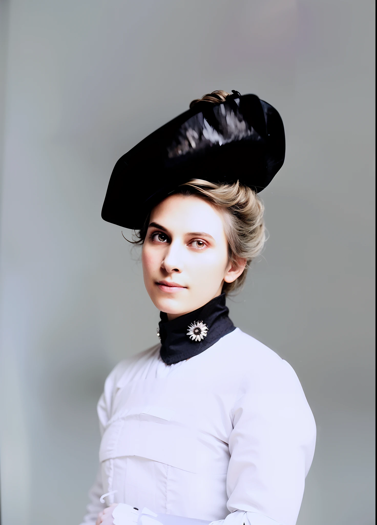 there is a woman in a white dress and a black hat, a colorized photo, inspired by Violet Oakley, colorized photo, colorized 1 9 0 4 photo, colorized, colorized photograph, colorized photon, autochrome pearl portrait, colourized, colorized background, anna kovalevskaya, victorian female portrait, colourised, inspired by Amalia Lindegren, High quality image, masterpiece, detailed hair texture, detailed skin texture, detailed cloth texture, 8k, add fabric details, ultra detailed skin texture, ultra detailed photo, skin pores, cloth details, high skin details, realistic hair details