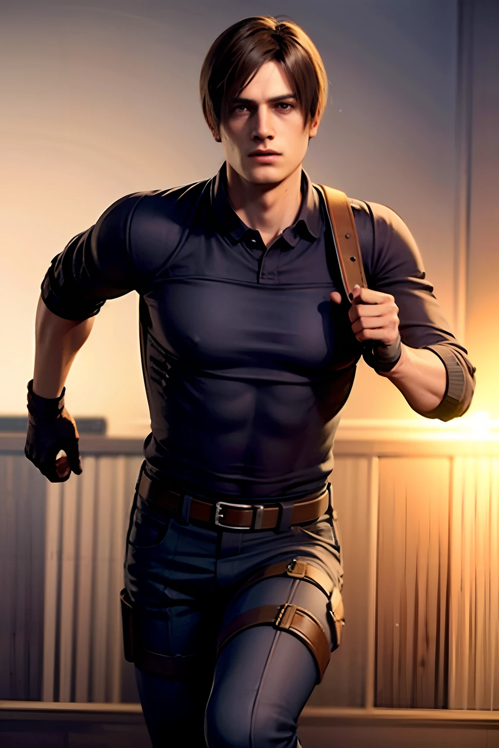 1 man, young man, 27 years old, Leon S. Kennedy from the movie "Resident Evil 4",classic shirt, running down the street, holding a gun, hairstyle-curtain, sports