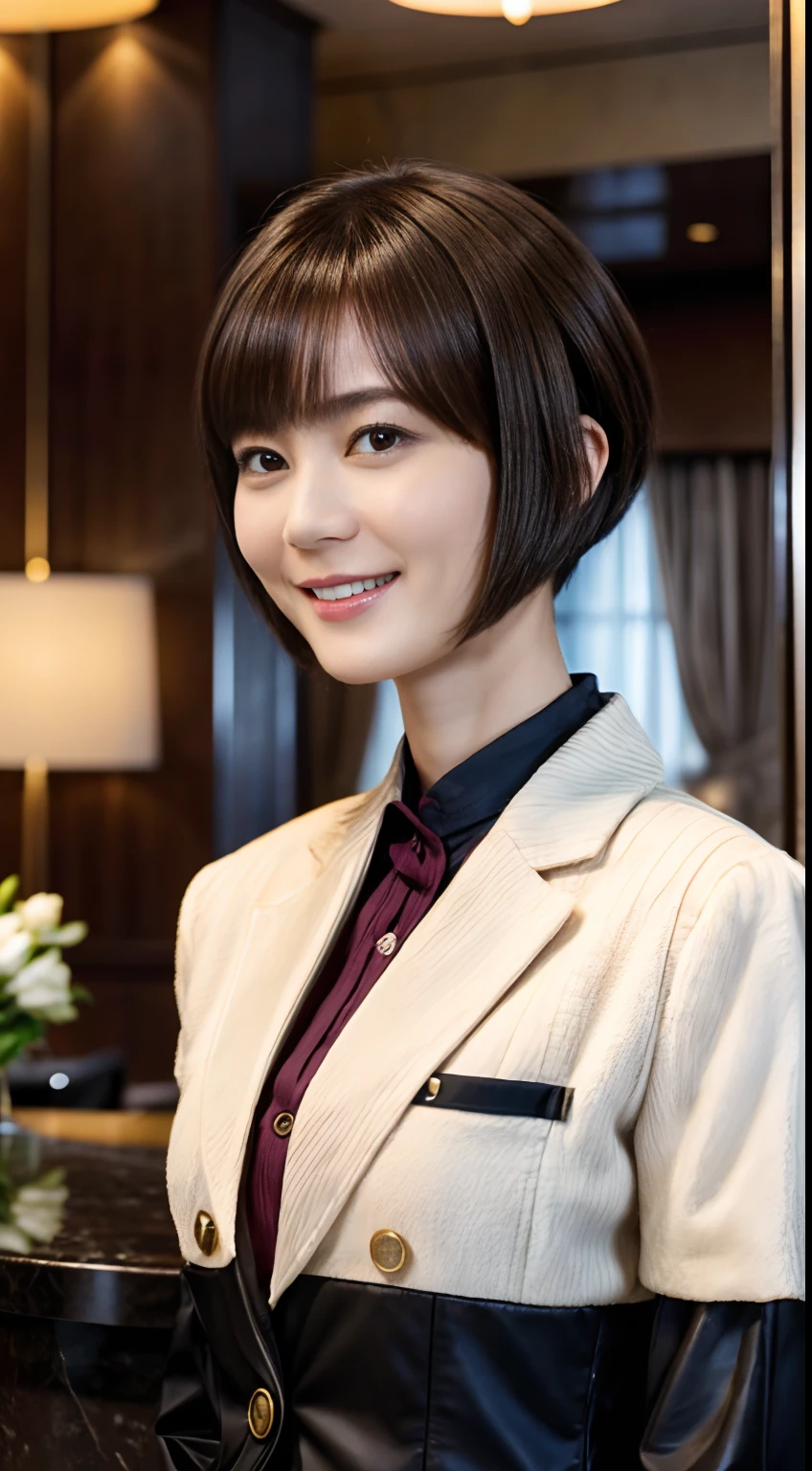 50
(19-year-old woman), (A hyper-realistic), (Masterpiece), Short Bob Cut, Concierge at the hotel reception, kindly smile