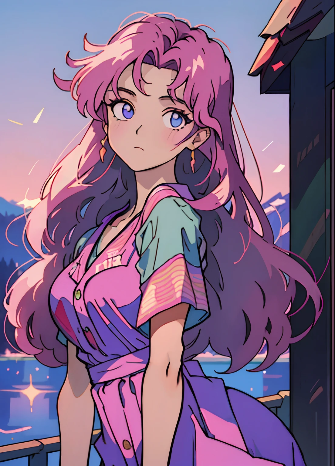 90's anime style，tmasterpiece，best qualtiy，top-quality，realisticlying，perfect anatomia，Perfect Face，Perfect eyes，Viedeldos Pink Dress，1girll，独奏，brunette color hair，shift dresses，e Blue Eyes，shairband，cabelos preto e longos，Pink dress，blacksilk，red hairband，outside of house