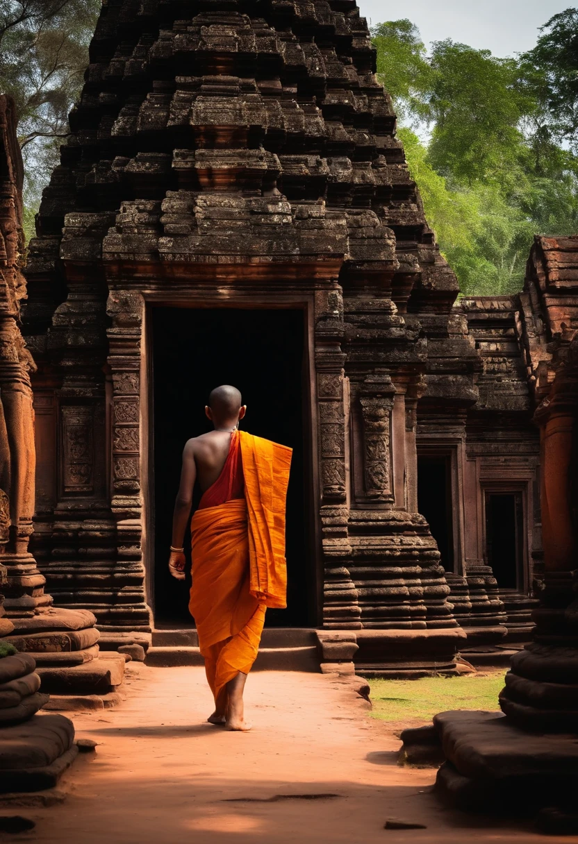 Wide view of a young Hindu monk walking with his back to a jungle with old ruins of Banteay Srei
temple, ancient Khmer temples, statues of gods, Shiva, Ganesh, cinematic light, realistic, Frank Frazetta Style,