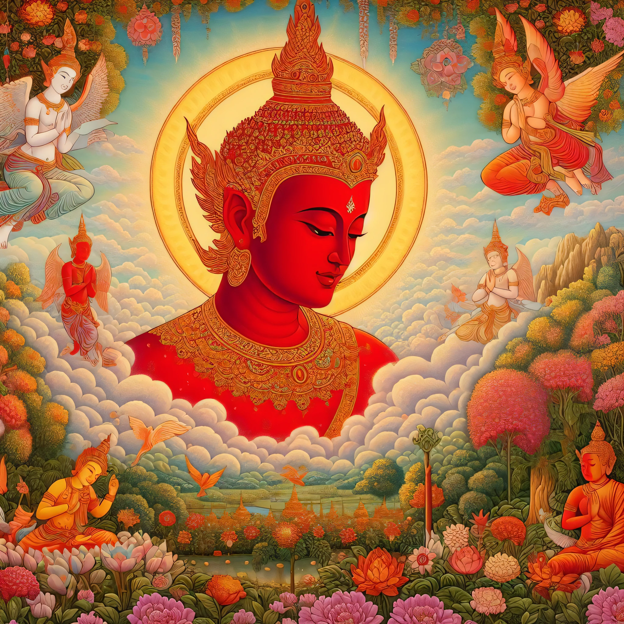 a painting of a buddha surrounded by angels and flowers, buddhist art, thailand art, alex grey art, buddhism, the buddha, samsara, buddha, by Alex Grey, style of alex grey, buddhist, divine being, alex gray, alex grey style, by Mati Klarwein, alex grey and beksinski, alex grey and gustave dore