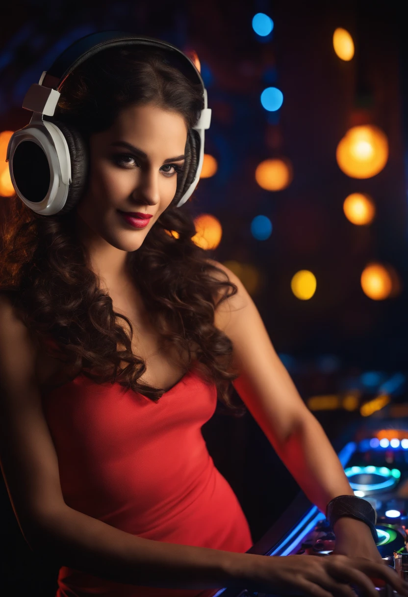 upper body, female dj, colorful clothes , quirky, vibrant appearance, playful accessories, creative behavior, imaginative, sensual, spontaneous, dj headphones, mixing console, music club, night club, indie theaters, people dancing on the dance floor background, underground danceclub, highest quality, skin texture, intricate details, (cinematic lighting), RAW photo, 8k