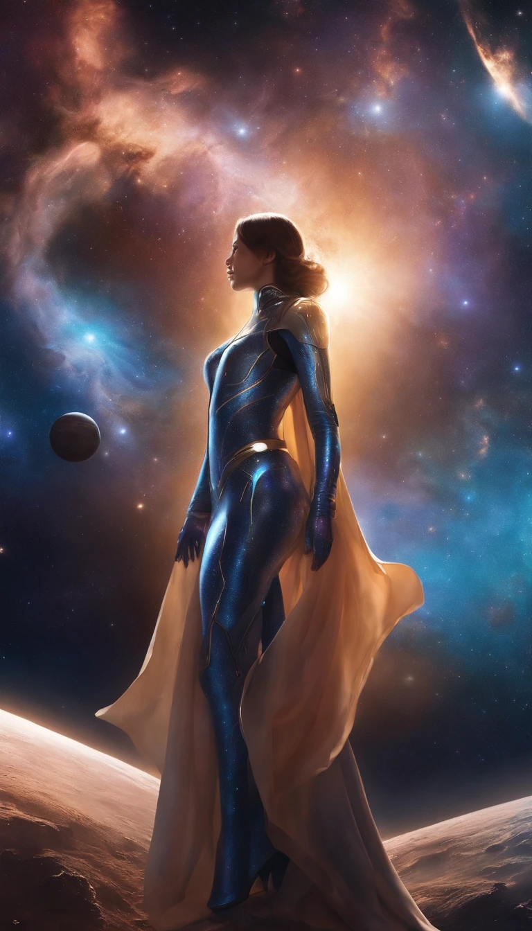 Japanese light novel cover illustration style,Anime girl wearing a big shining nebula in a cosmic suit,The astronaut,The Big Bang,heavenly body,Star-Trek,Step on the camera with your foot,Body painting of a full body mystery symbol,Projecting virtual reality light and shadow city in front of the characters,,Nebula grating,rainbow aurora,The ultimate art of color mixing,The entire body consists of fluid nebulae,Scintillation gas Big Bang nebula epidermis,Light vector photography,Light field photography,Light chasing,Light tracing,Solidified light vector rune art,