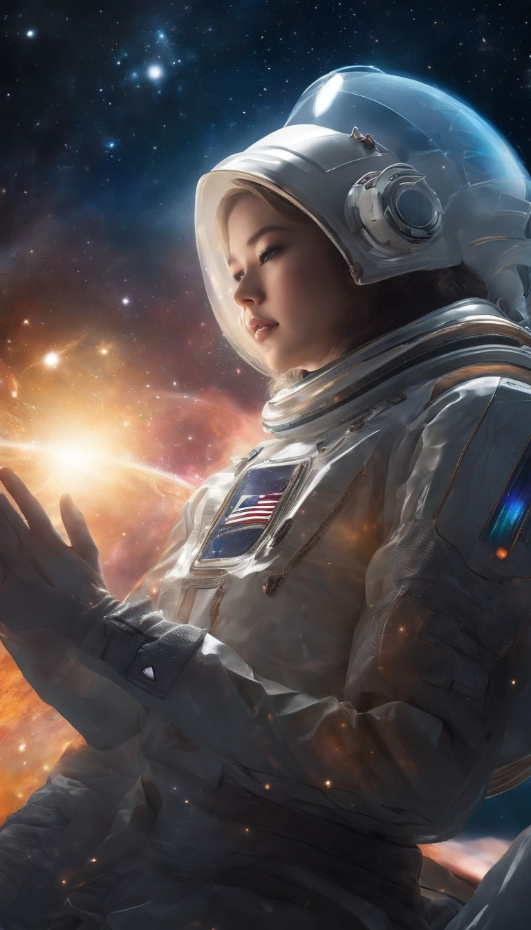Japanese light novel cover illustration style，Anime girl wearing a big shining nebula in a cosmic suit，The astronaut，The Big Bang，heavenly body，Star-Trek，Step on the camera with your foot，Body painting of a full body mystery symbol，Projecting virtual reality light and shadow city in front of the characters,，Nebula grating，rainbow aurora，The ultimate art of color mixing，The entire body consists of fluid nebulae,Scintillation gas Big Bang nebula epidermis，Light vector photography，Light field photography,Light chasing，Light tracing，Solidified light vector rune art，