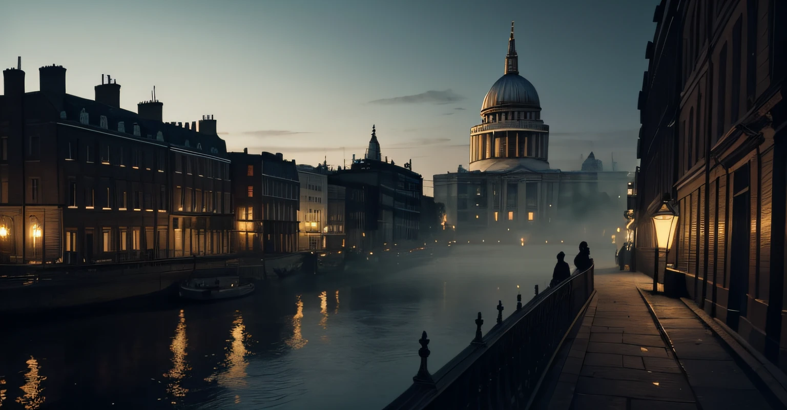 I want a night view of London in 1780, with the iconic St Paul's Cathedral lit by torches and gas lanterns, rising majestically in the distance. In the foreground, a narrow, shadowy alley, partially obscured by the dense fog rising from the River Thames, leads the eye to a spot where Detective James Williams stands, observing the murdered body with a pensive gaze. The scene conveys the mysterious and unsettling atmosphere of 18th century London at night, highlighting the duality between the grandeur of the city and the shadows where secrets and murders flourish.

This image captures the essence of the chapter's setting and atmosphere, placing the reader in the intriguing and mysterious world in which the story unfolds, with a balance between splendor and darkness.