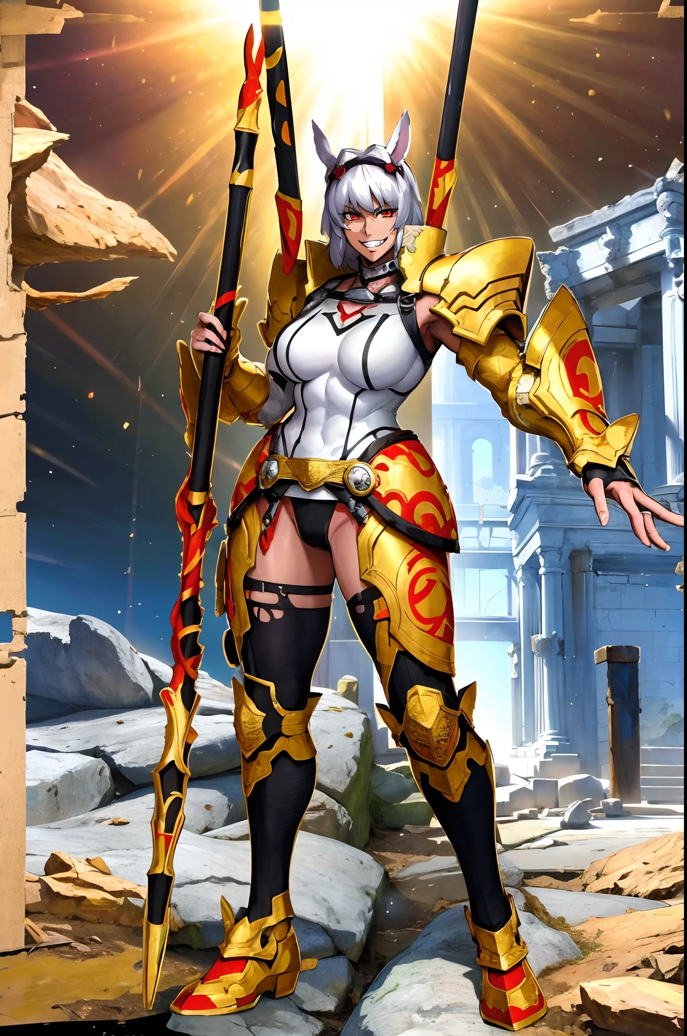 4k, highly detailed, anime style, HDR, subsurface scattering, in a temple, temple being destroyed, Greek temple on fire background, (masterpiece, best quality:1.2), caenis,( fgo stage 3), 1girl, big breasts, looking at fires, smile, short hair, white hair, bangs, red eyes, animal ears, open clothes, hairband, grin, (gold armor), body markings, white nails, epic scene, tall girl,full body, darskinned-female, , standing, musclegirl, forest, staff holding, posing