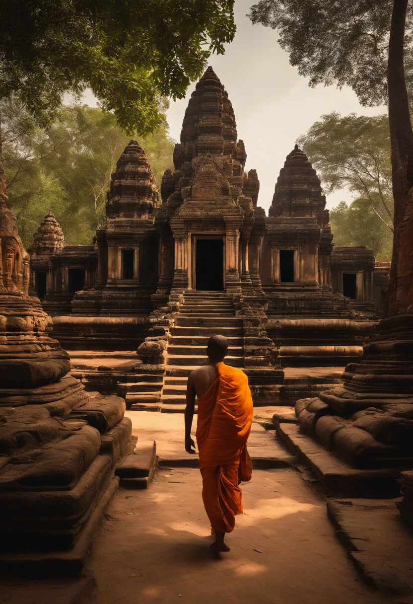 Wide view of a young Hindu monk walking with his back to a jungle with old ruins of khmer
temple, ancient Khmer temples, statues of gods, Shiva, Ganesh, cinematic light, realistic, Frank Frazetta Style,