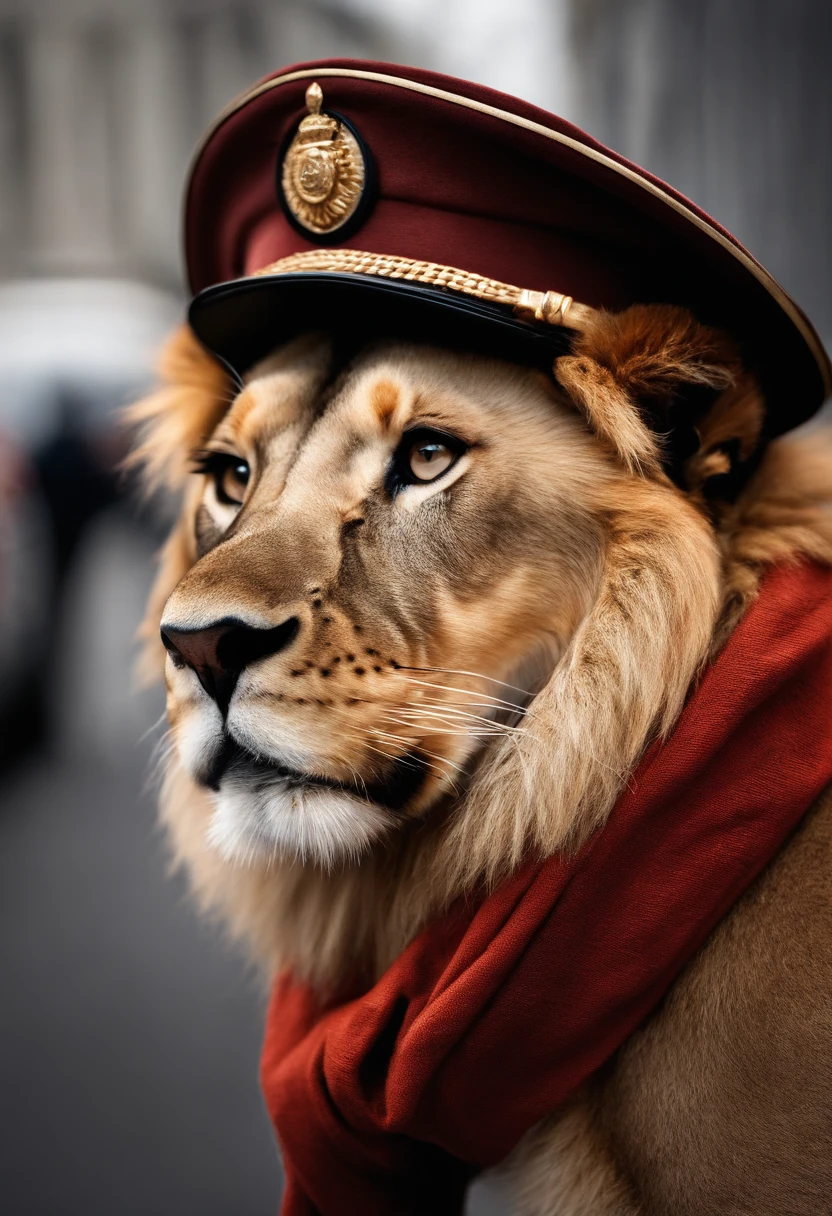 Photo of a lion in a hat and scarf，trends in the art station，Wear fashionable clothes，hyper realistic detailed rendering，Urban style，intimidating pose，Dog Planet，Fashionable outfit，urbansamurai，Doggy，Wearing a Workers' Cap，Stylish cityscap