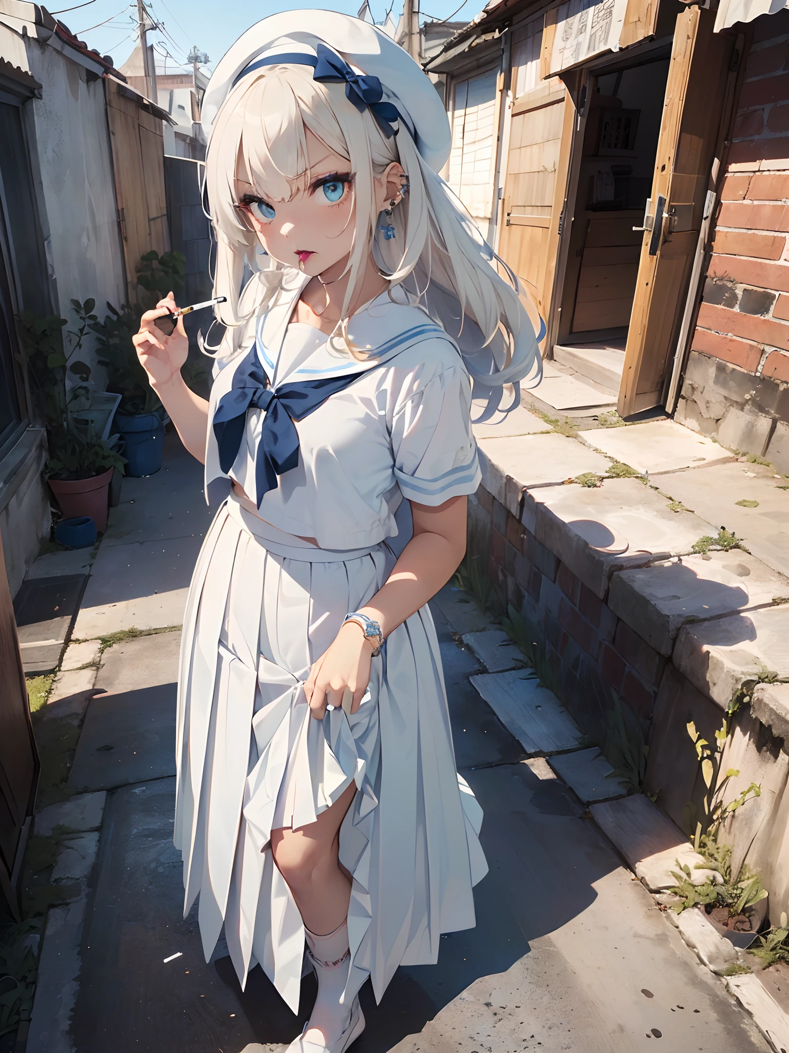 (master piece:1.4),Hypal Quality, Hyper Detailed,Perfect drawing,。.。.3D,16K illustrations、(((clearface)))、Hi-Res、1 persons、femele、Knees wide open、Crouching、(((Cigarette in hand)))、Asian、dyed blonde、(((Afro hair)))、(((Brown-skinned)))、(((Pure white lipstick)))、((eyeshadows:1.3))、Raised corners of the eyes、(((Outrage:1.2)))、((Pull the chin))、(((squinted)))、((Kamimei:1.3)),((glares:1.4))、((half-opened mouth))、((Wrinkles between the eyebrows))、(numerous piercings in the ears)、(((Collapsed)))、(((White sailor suit)))、(White theme:1.3), (Fusion of white sundress and white uniform:1.4), ((White pleated skirt, White skirt):1.5), (Light blue ribbon and white beret:1.4), (White shirt with blue sailor collar:1.4), (Short sleeve: 1.2), (Light blue ribbon:1.3), (White skirt with blue line:1.2), ((White Buggy Socks:1.3, lowfers):1.2),(((White pleated skirt,Maxi skirt:1.3)))、A lot of thin rings on the wrist、80shair、Slums、Detailed drawing、Perfect Photo、Shot diagonally from above