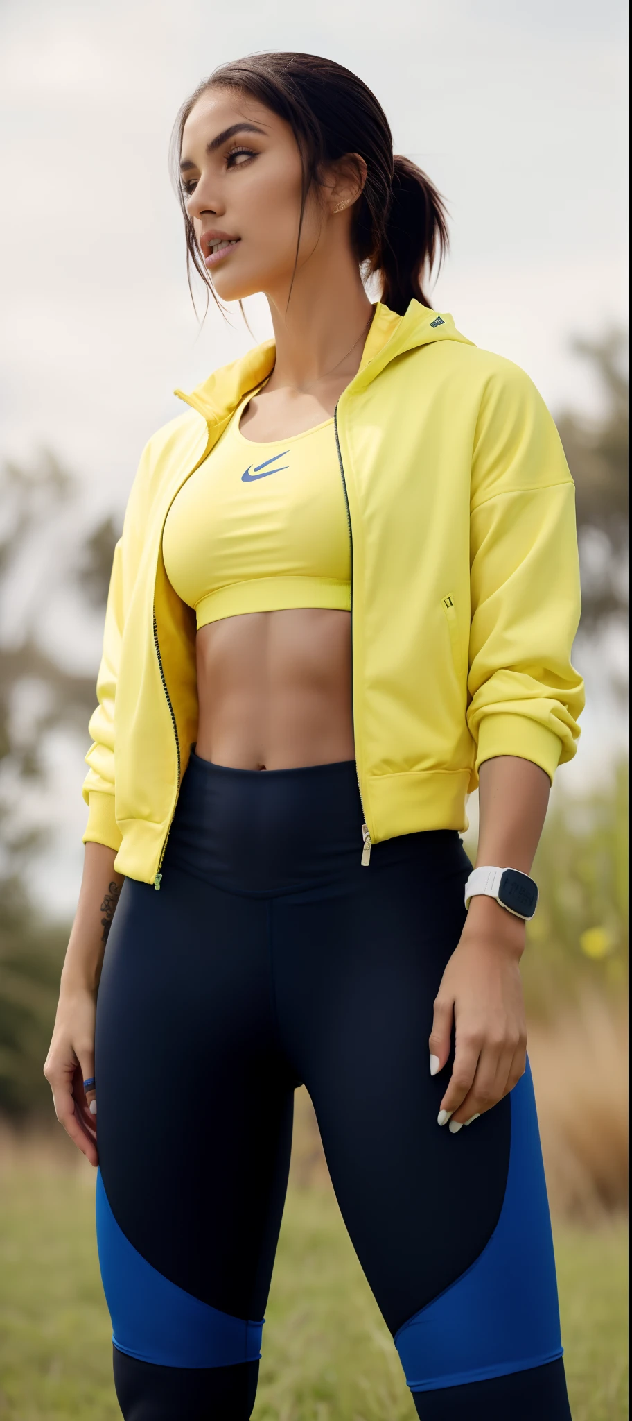 A woman in a yellow jacket and blue leggings standing in a field, vestindo croptop amarelo, vestindo terno de atletismo, em roupas azuis e amarelas, sport bra and dark blue shorts, sport bra and shorts, usando crop top, sport bra and shirt, Desportivo, usando equipamento de fitness, sporty physique, cindy avelino, usando um top cropped sexy