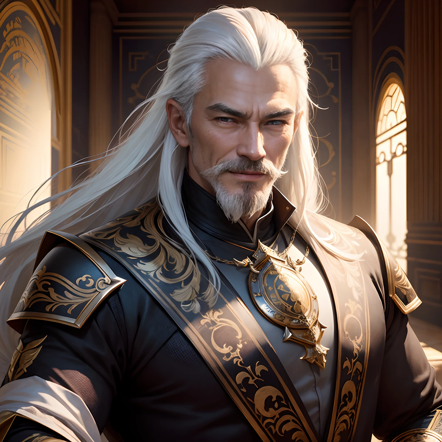 The wallpaper is inside a palace, a man named Phong, Best quality, masterpiece, swordsman, ultra high resolution, detailed background, realistic, hadesstyle, solo, male, mature, bara, mature male, long white hair, facial hair, (theme), dark fantasy, evil, depth of field, Lying in a bed, The smiley face opened his mouth