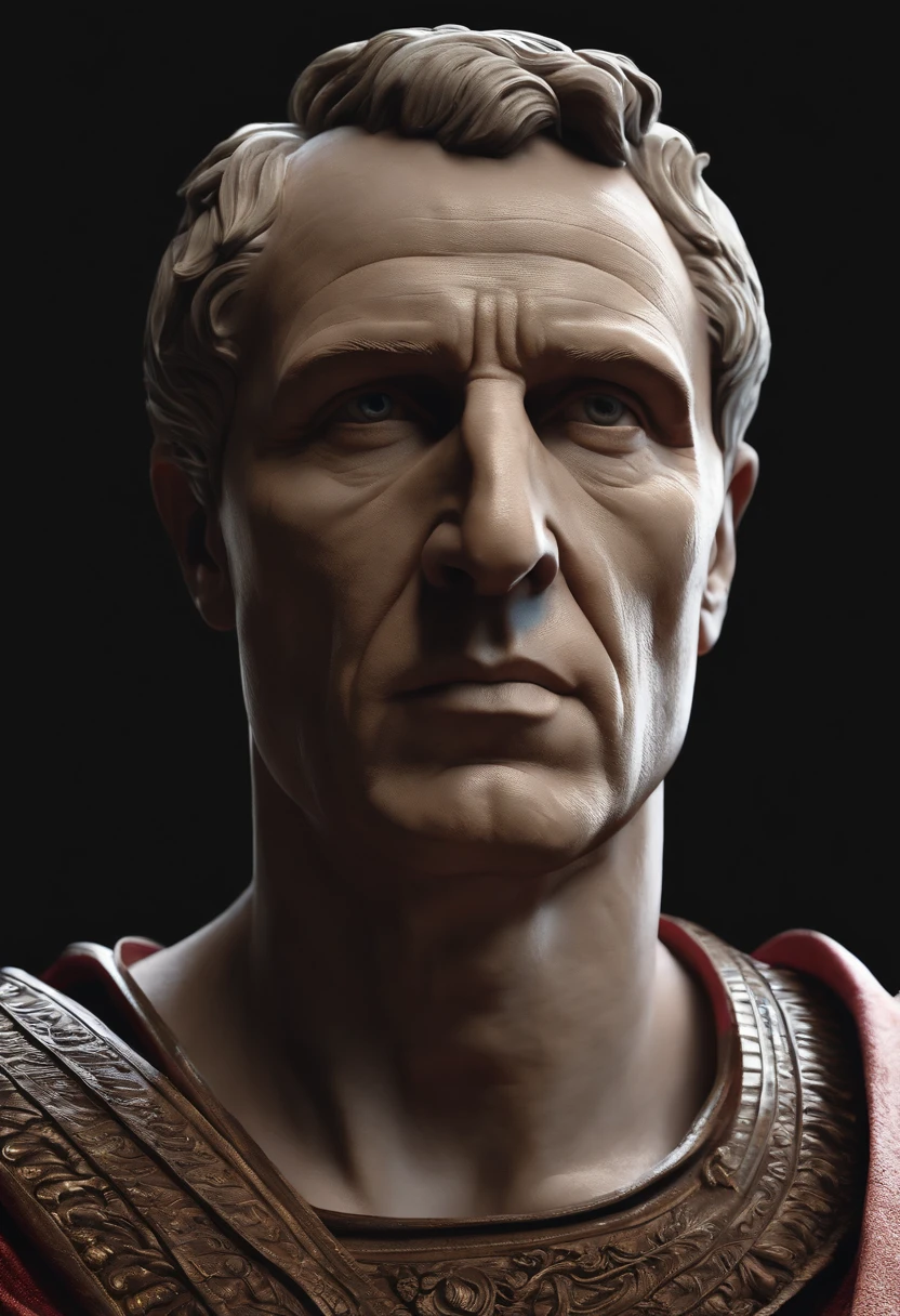 Realistic 3D portrait of Julius Caesar looking straight into the camera, showcasing his imposing stature and determined expression. Be sure to capture the details of his Roman toga and insightful gaze. The scene should evoke the power and authority of the Roman Empire and the opulence of the character