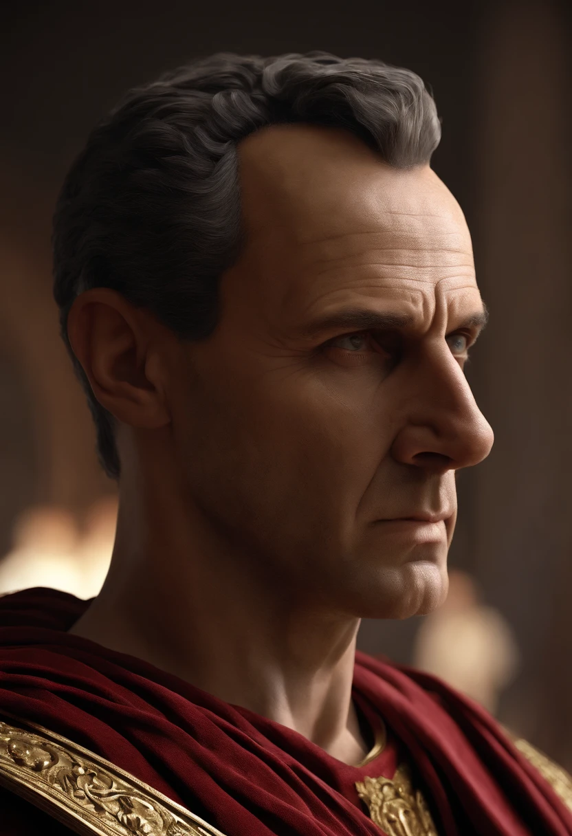 Realistic 3D portrait of Julius Caesar looking straight into the camera, showcasing his imposing stature and determined expression. Be sure to capture the details of his Roman toga and insightful gaze. The scene should evoke the power and authority of the Roman Empire and the opulence of the character