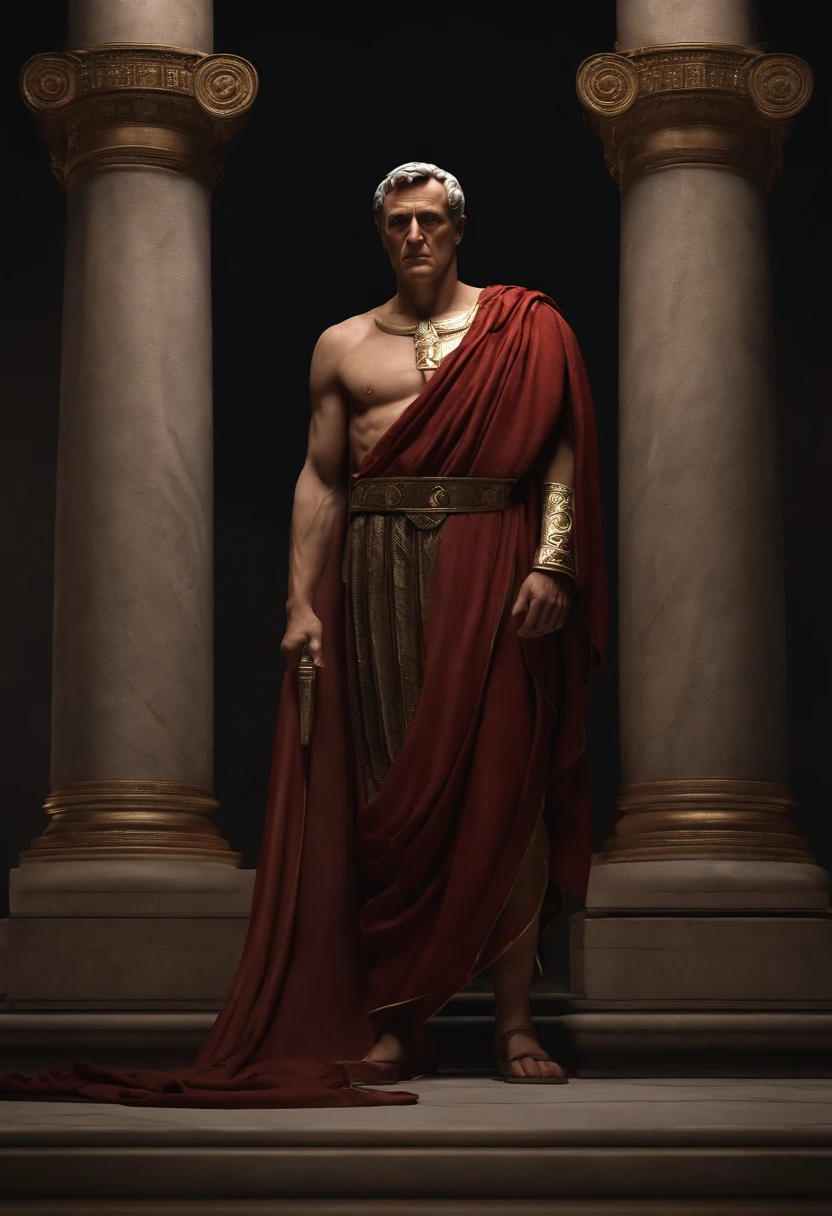 Realistic 3D portrait of Julius Caesar looking straight into the camera, showcasing his imposing stature and determined expression. Be sure to capture the details of his Roman toga and insightful gaze. The scene should evoke the power and authority of the Roman Empire and the opulence of the character