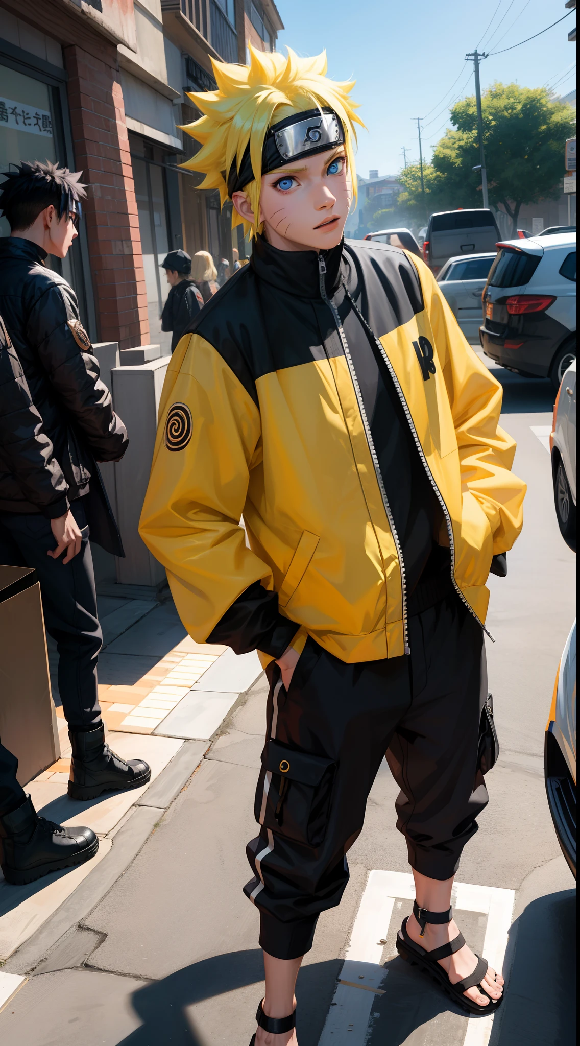 Masterpiece, Superb Style, streewear chothes, Outdoor, half Body, Uzumaki Naruto, blue eyes, short yellow hair,a boy