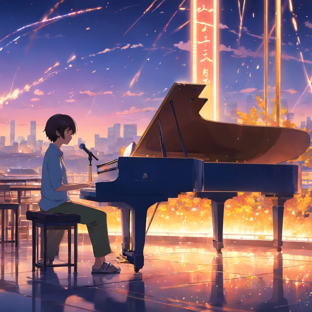 "masterpiece, Better Quality, still film, Musicians on stage overnight, Foreground, 发光, glad, soft warm lighting, Sundown, sparks: