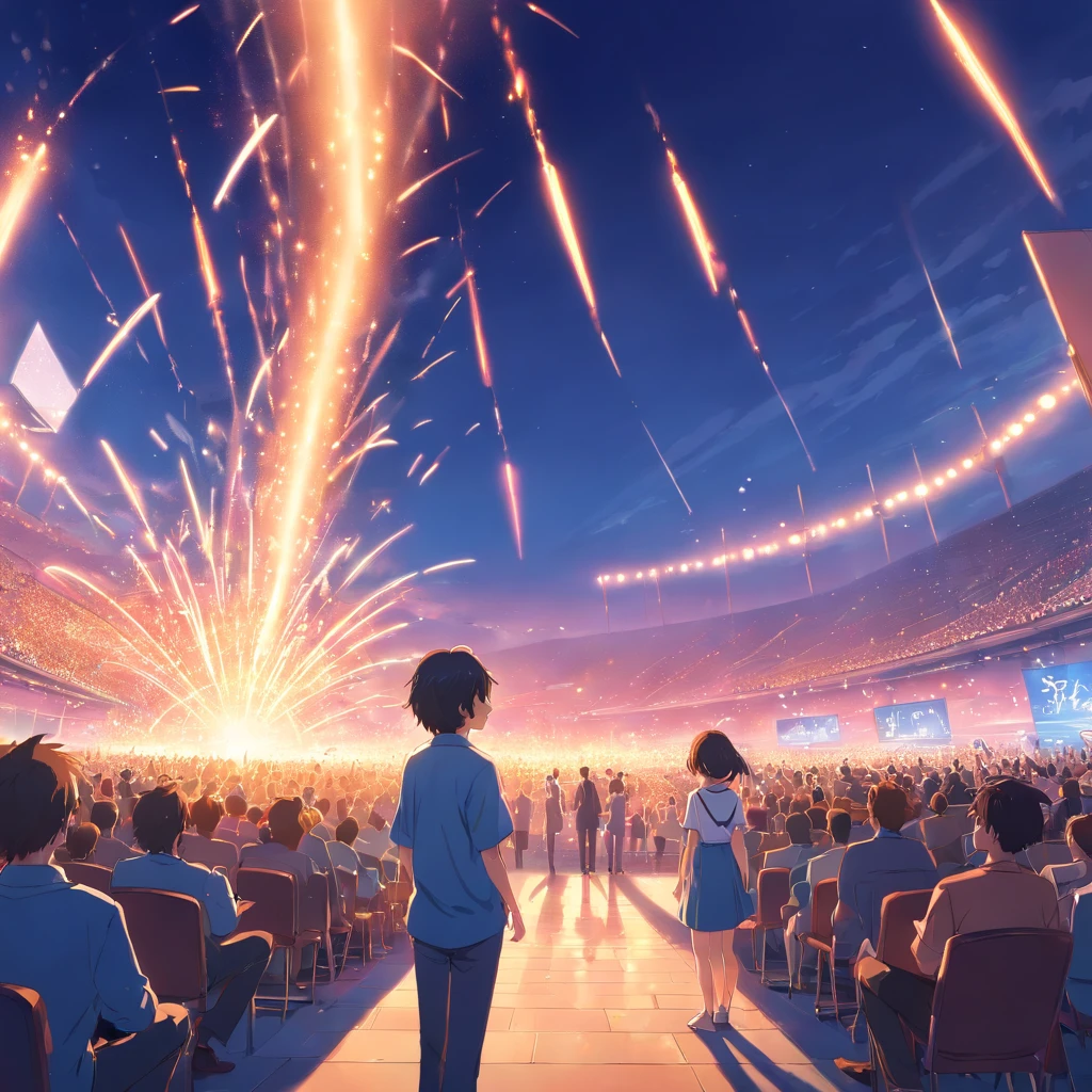 "masterpiece, Better Quality, still film, Musicians on stage overnight, Foreground, 发光, glad, soft warm lighting, Sundown, sparks: