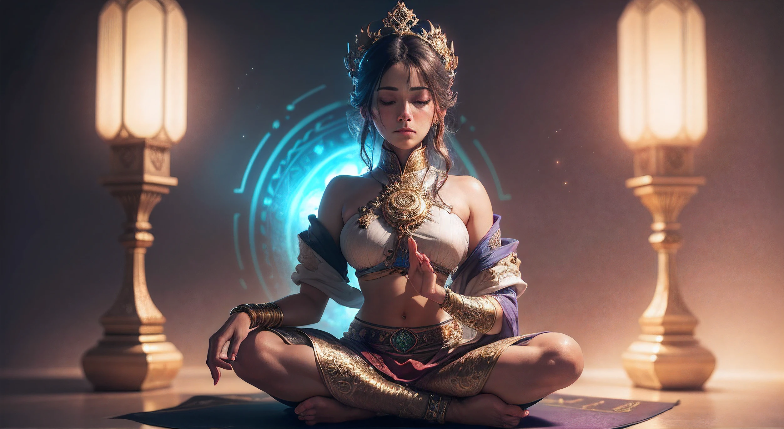 (extremely detailed CG unity 8k wallpaper, floating, high saturation), a masterpiece of uma imagem, best quality, ultra-detailed, an extremely delicate and beautiful, a silhouette of uma pessoa sitting in a lotus position, meditating, with a visual emphasis on the main chakras and their vibrant colors.