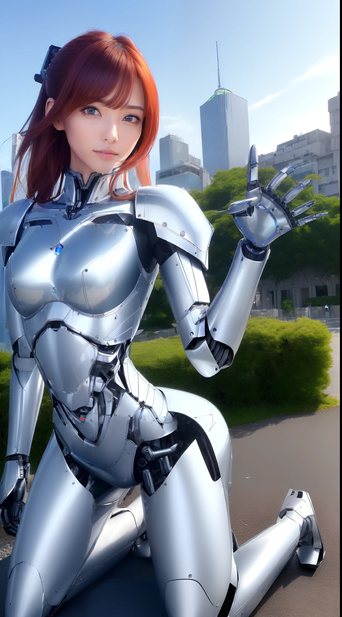 ((masutepiece)), ((top-quality), high quarity、ultra-definition, (Realistic), ((well proportioned face))、fulcolor 、(scientific fiction)、(独奏)、Beautiful robot woman、Combat Robots、(( Perfect robot joint) )、((Extreme Electronic Board))、((machine components))、White porcelain mechanical armor、(Oval curvaceous face)、(almond shape eyes)、thin mouth、deadpan、((Robot Hands))、(Outside the city)、Kneeling