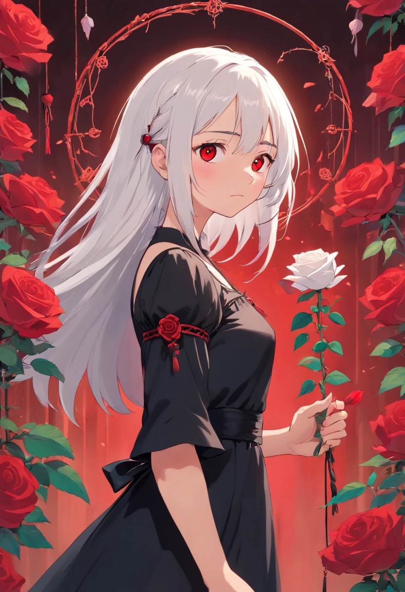 (Best Quality, masutepiece), (1girl in, Solo, Black Dress, Standing , Looking at Viewer, White hair, Red Eyes, holding rose, Closed mouth, Upper body), (Red Dream Catcher in the Back, Red flower, )