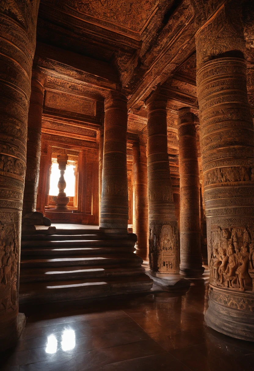 Oriental World Province,shadowy,The feeling of death,In the center of the tall hall sits an ancient King of the thailand,,thailand , wood architecture, Ajanta cave temple,Beside him stood a woman in white and a man in black, Clean white background,